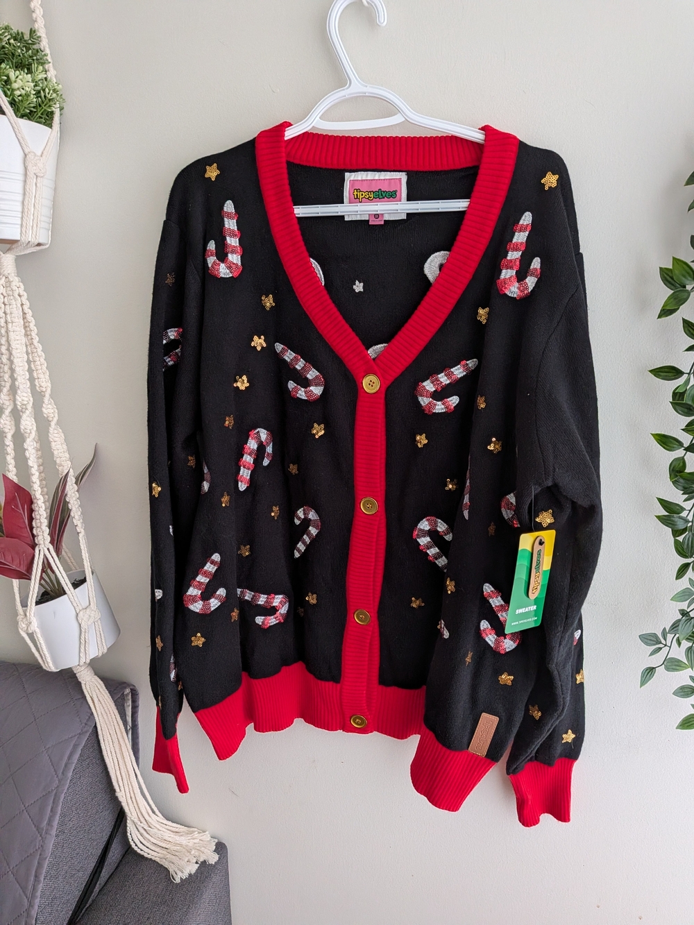 BNWT Tipsy Elves Plus Size Black Cardigan Gold Stars & Candy Cane Motifs